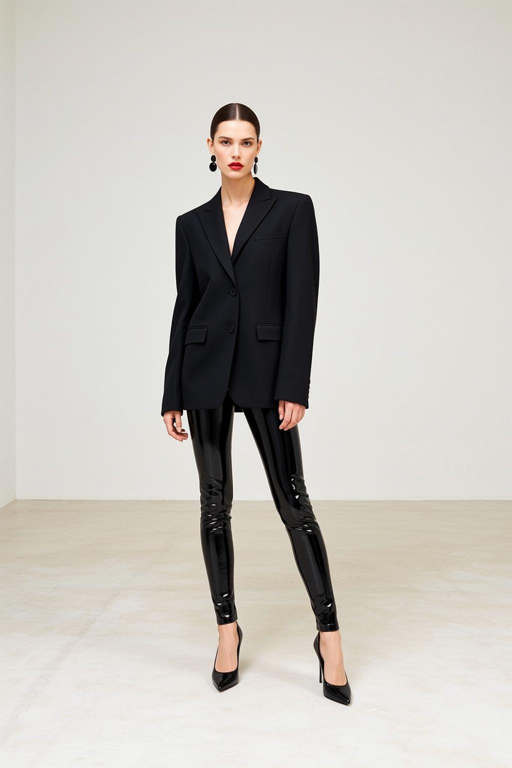 Minimalist Studio Fashion Black Blazer Vinyl Leggings