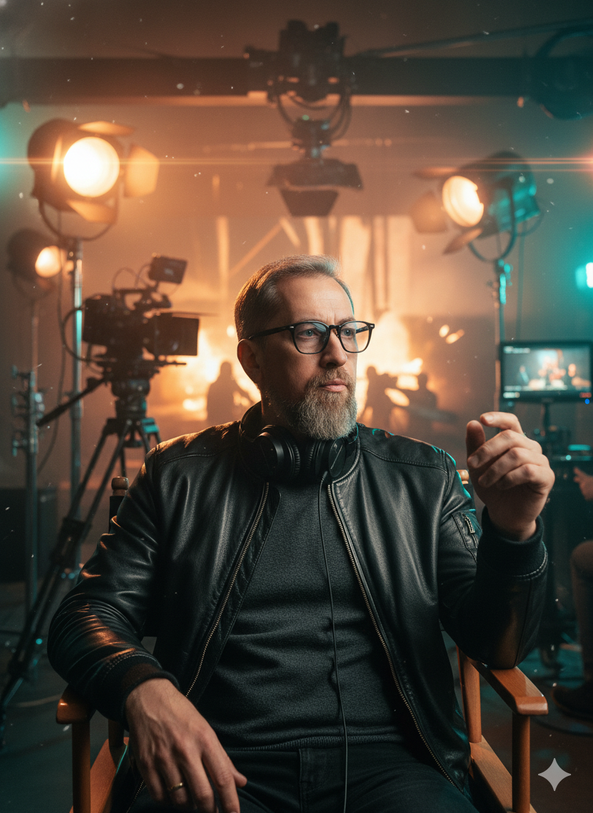 A cinematic portrait of a film director in a dark wood director's chair, surrounded by professional equipment and dramatic lighting.