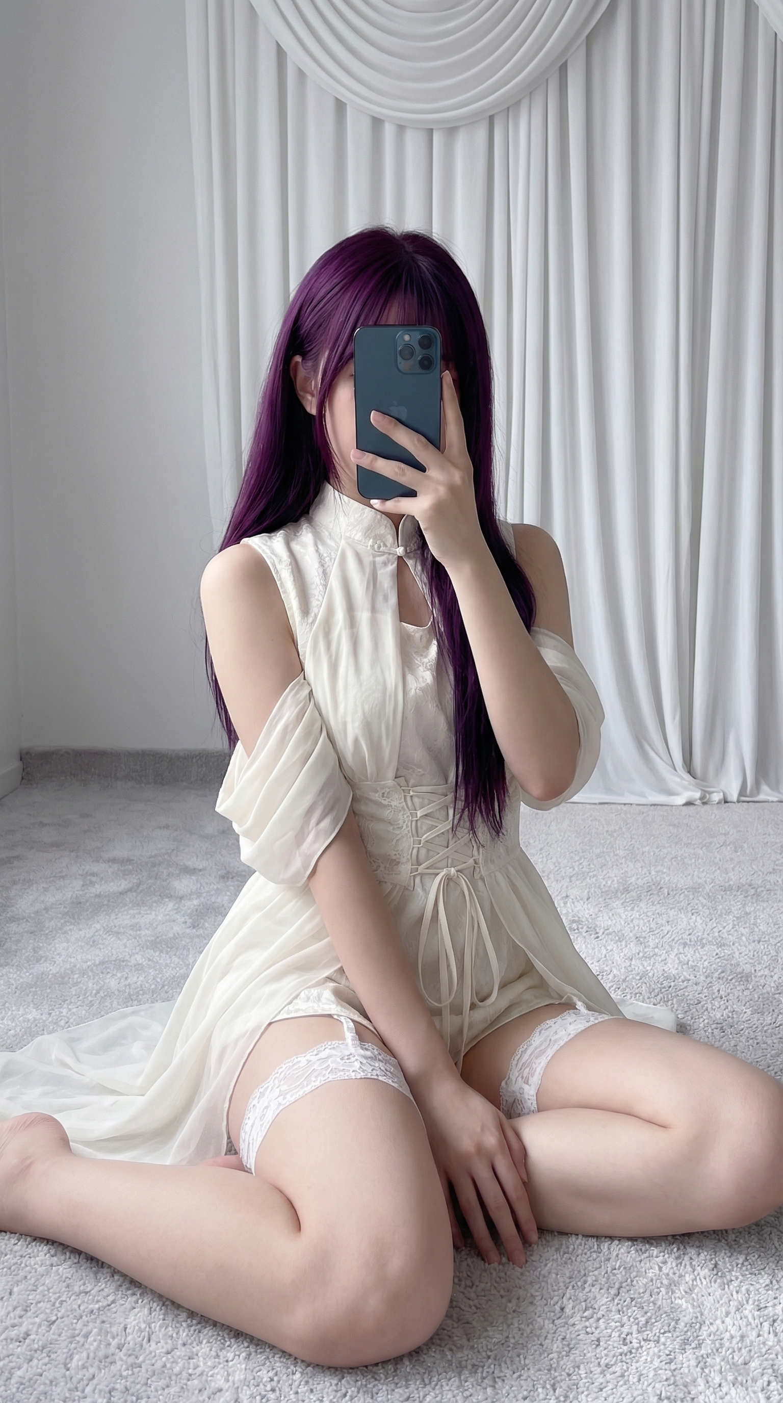 Sheer White Dress Selfie Low Angle Curtain Light