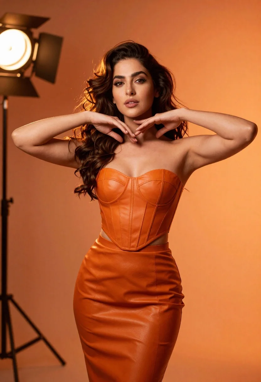 Confident Woman With Voluminous Wavy Brown Hair Stands Studio Setting reference photo