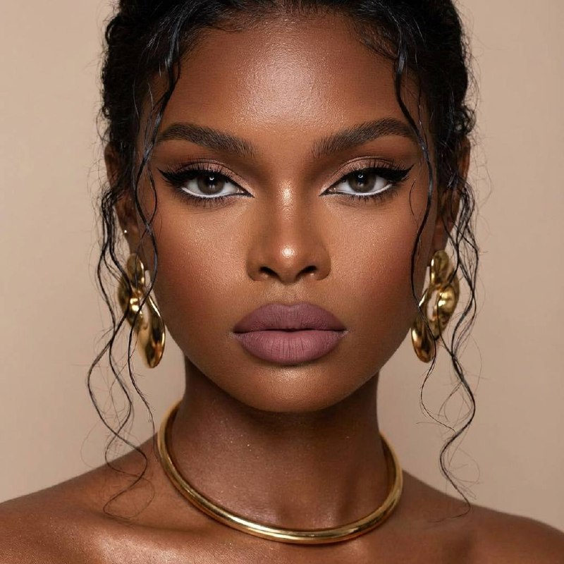 Close-up portrait of a woman with wet skin, glowing makeup, and gold jewelry against a neutral background