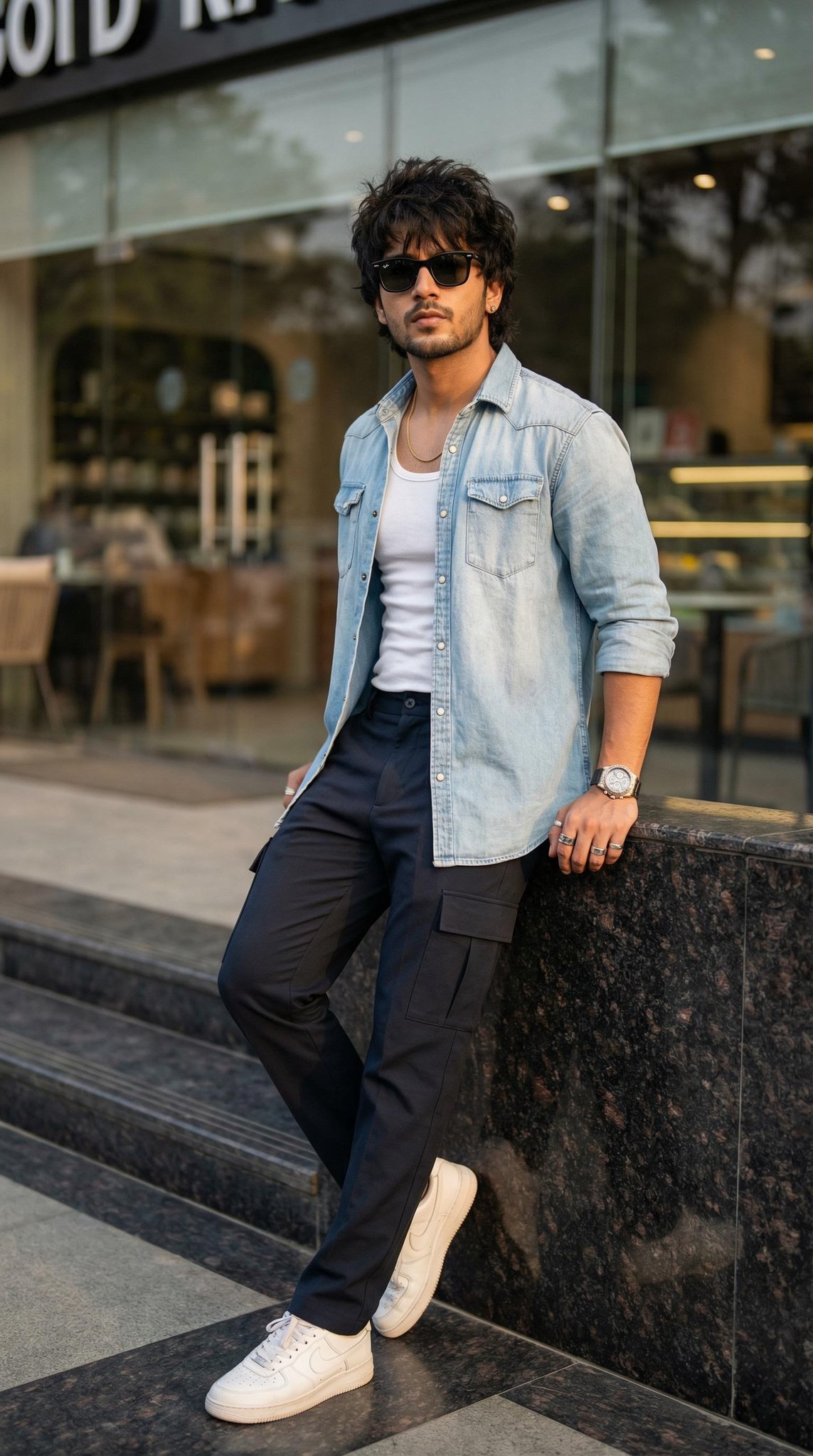 Denim Shirt Cargo Pants Stone Wall Medium Shot