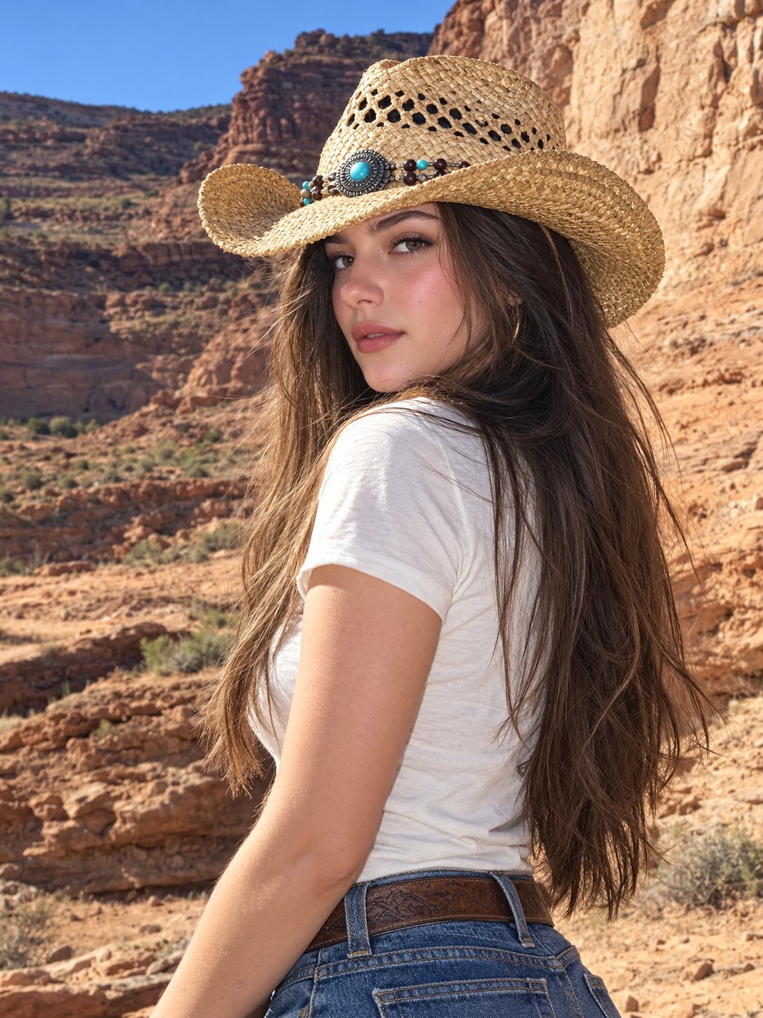 A woman in a cowboy hat and blue jeans stands in a desert canyon, looking back over her shoulder with flowing brown hair.