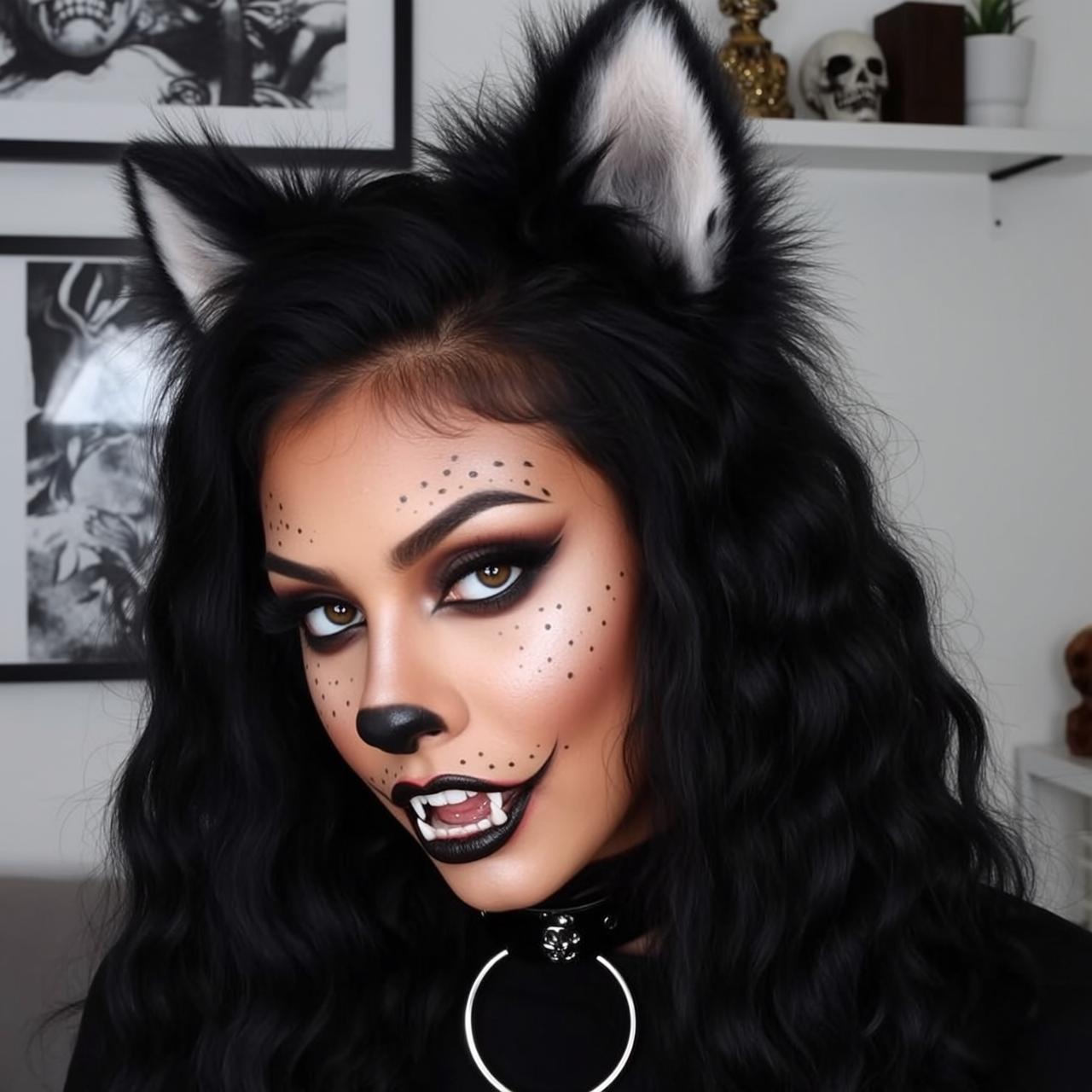 Halloween Makeup Wolf-like Long Wavy Black Hair