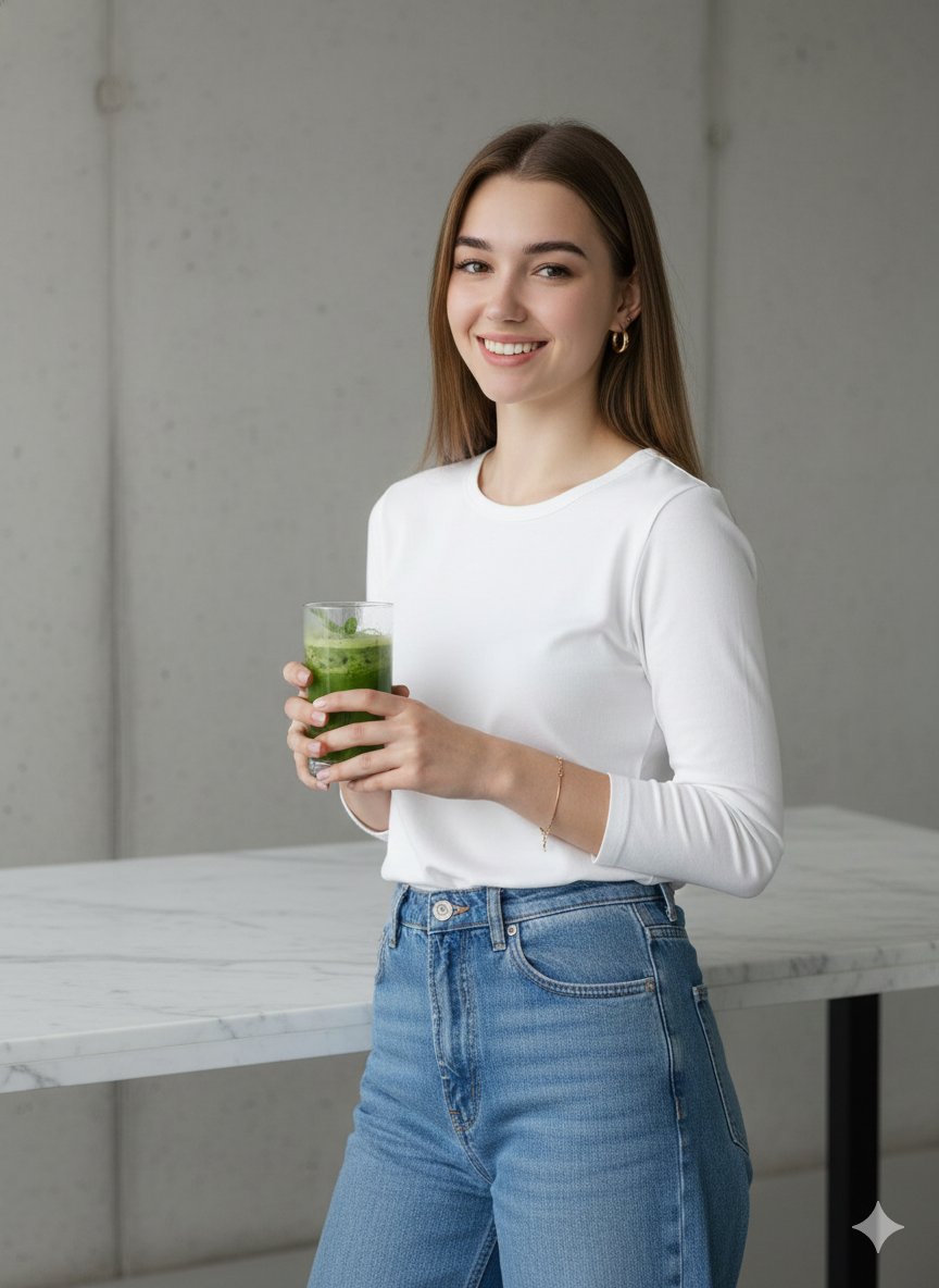 A woman with a joyful smile, leaning against a light marble countertop, holding a glass with a green drink in a modern indoor space.