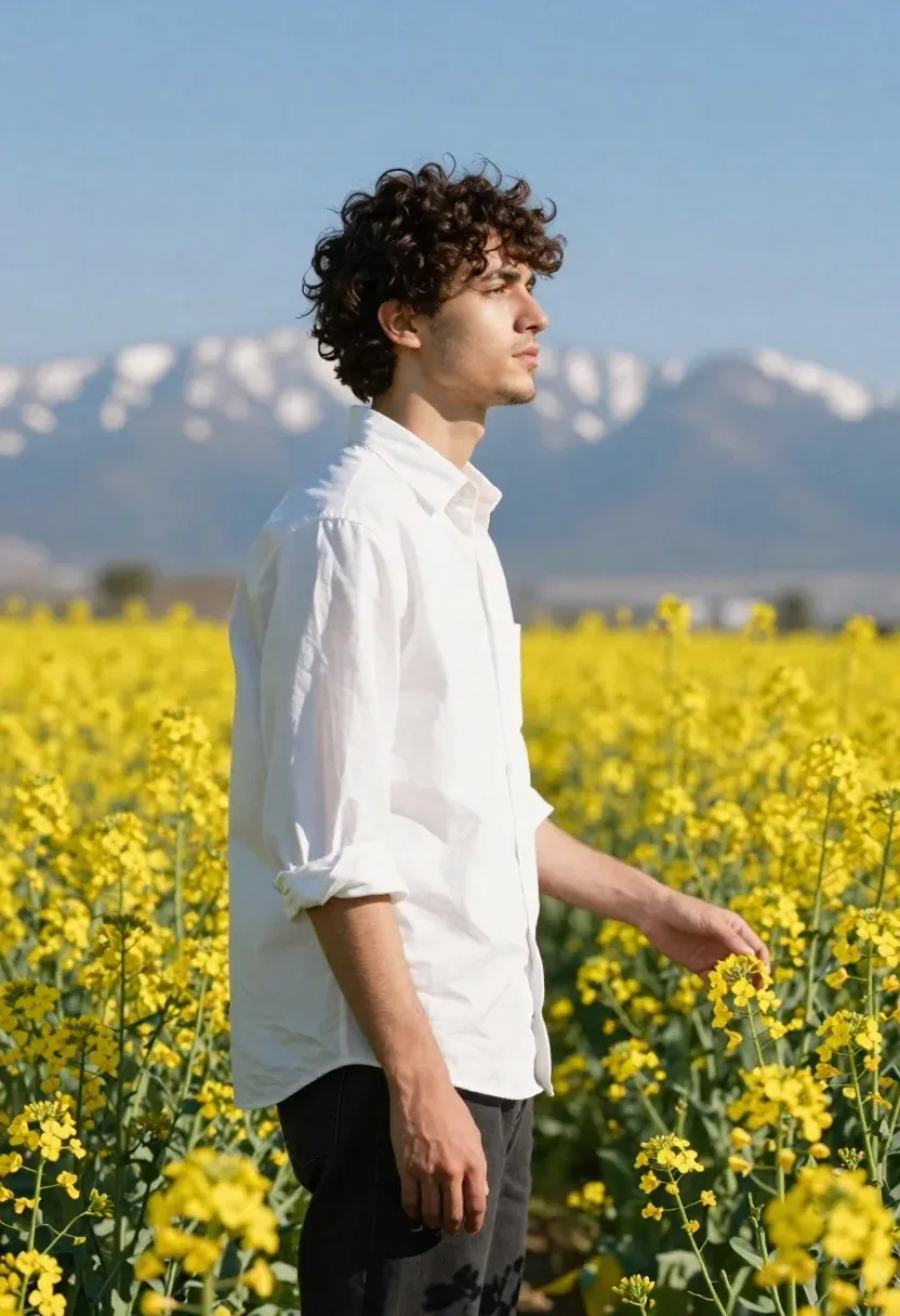 Young Man With Dark Curly Hair Stands Profile Amidst Field