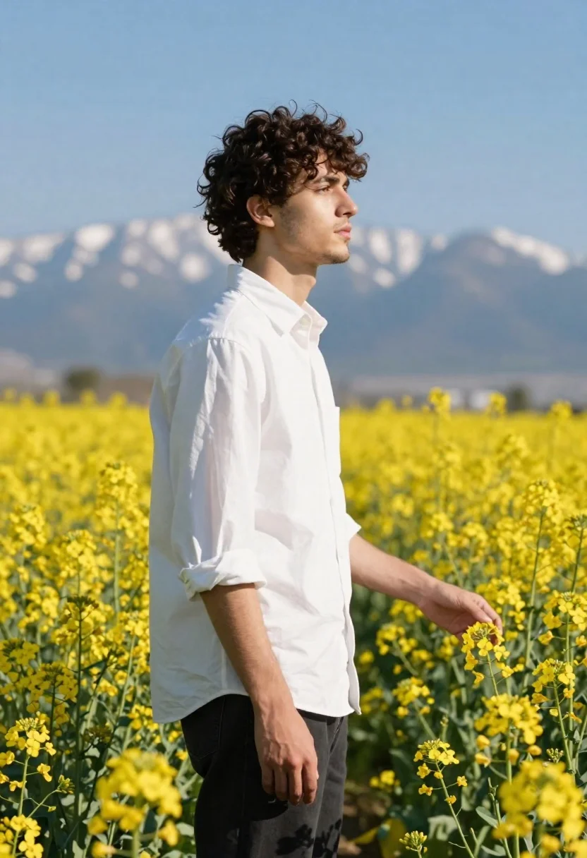 Young Man With Dark Curly Hair Stands Profile Amidst Field