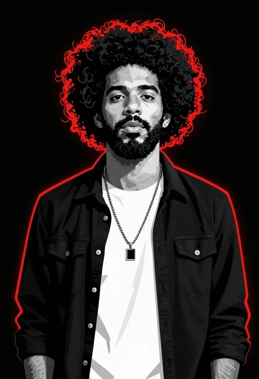 Stylized Portrait Man With Afro Hairstyle And Beard Rendered High-contrast