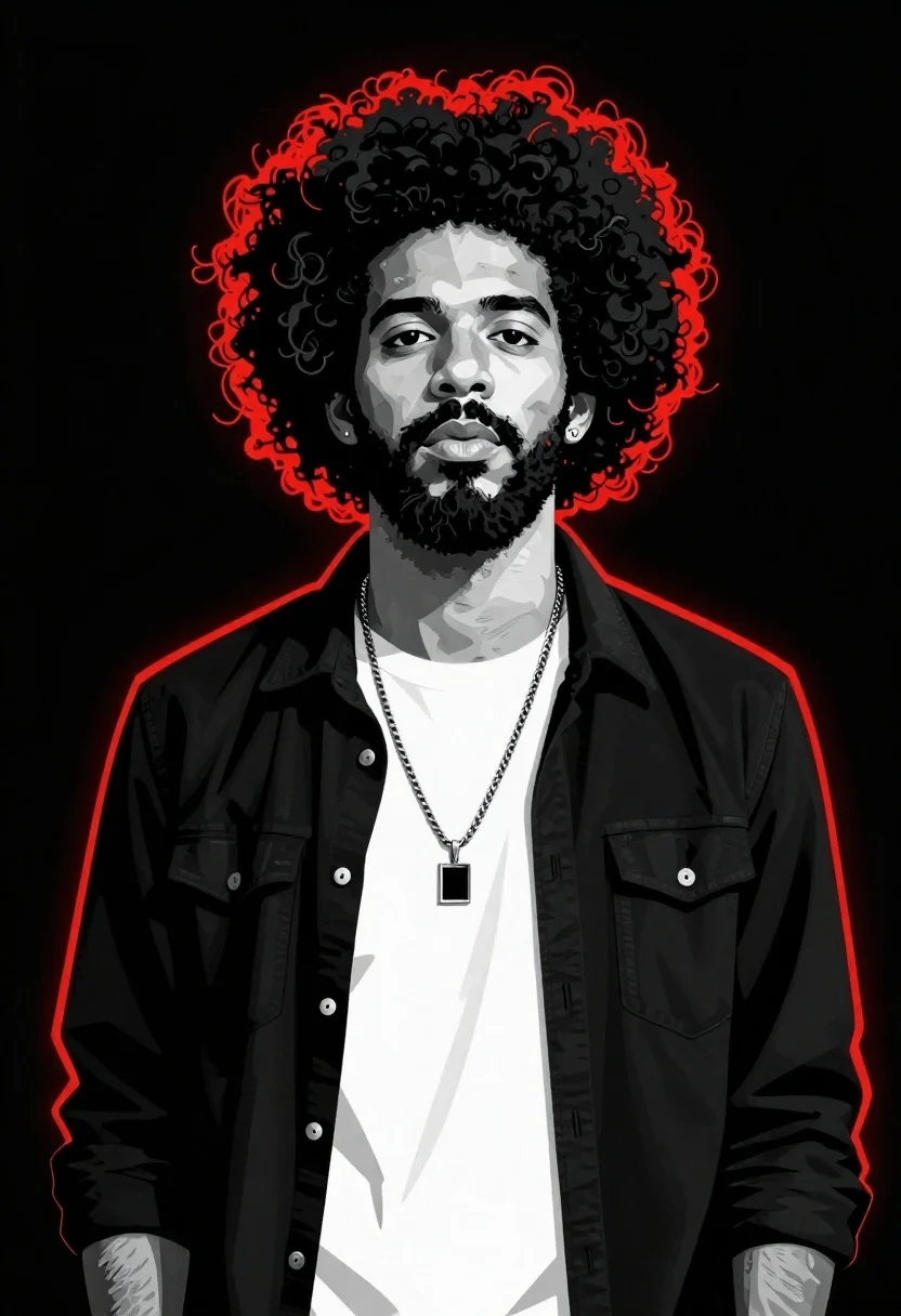 Stylized Portrait Man With Afro Hairstyle And Beard Rendered High-contrast