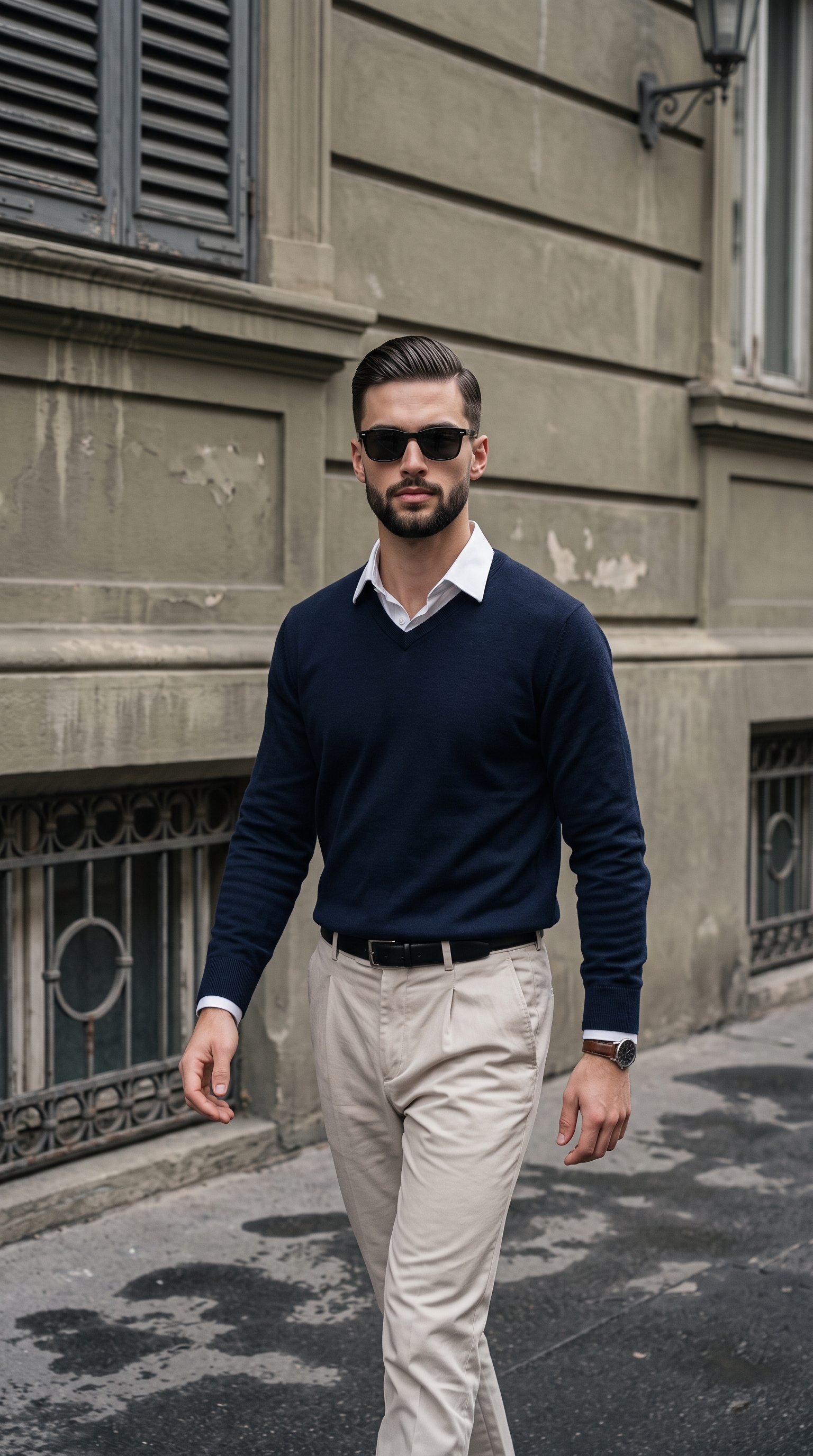 Confident man in navy sweater and beige trousers wearing dark sunglasses, walking along a gray European pavement.
