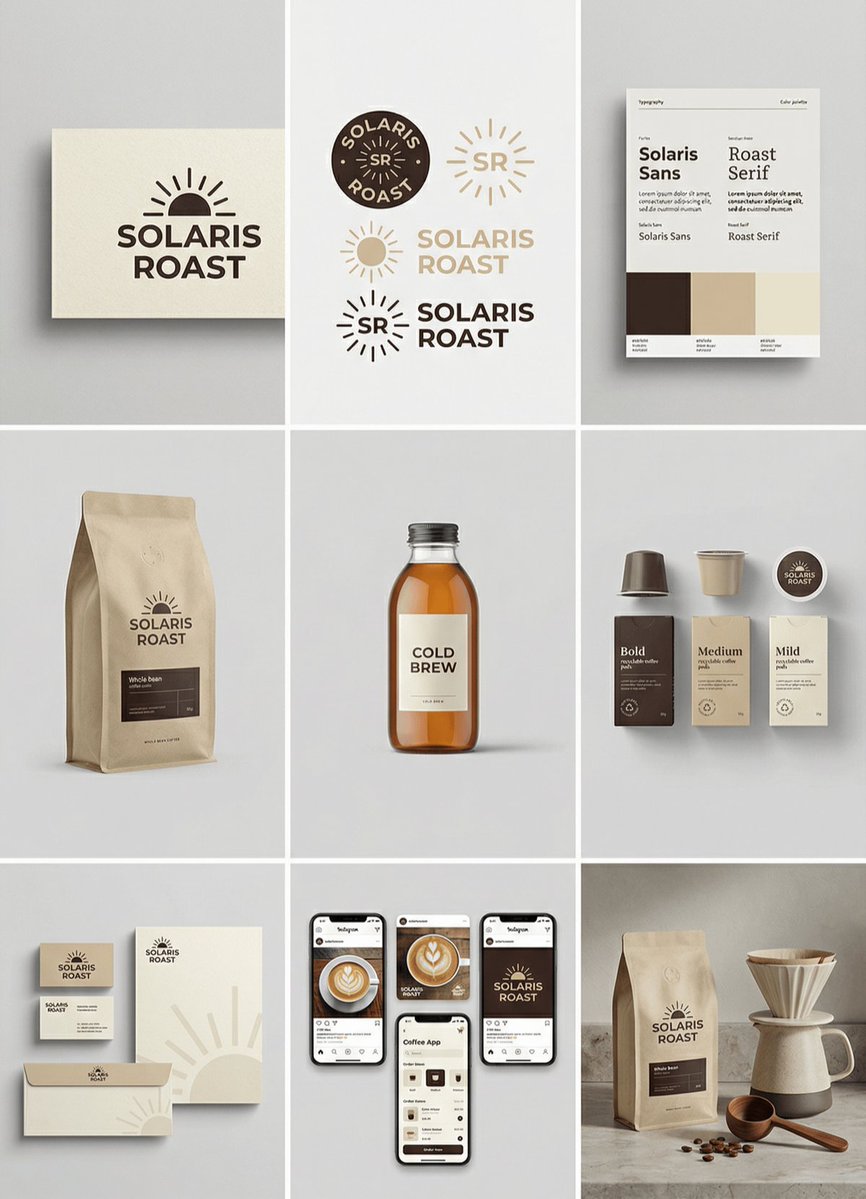 A realistic brand identity grid mockup showcasing nine tiles against a light gray seamless background with soft diffused lighting.