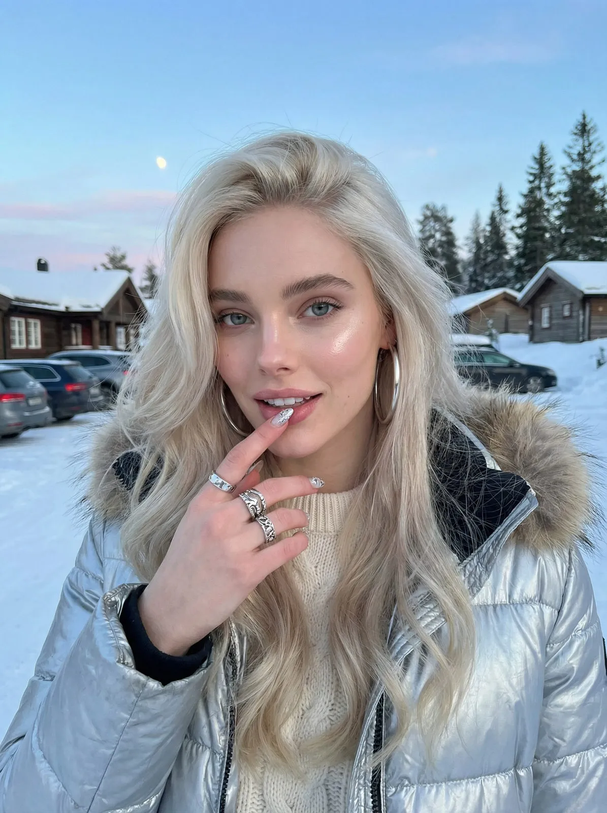 Earrings Rings And Manicure In Snowy Outdoor Portrait