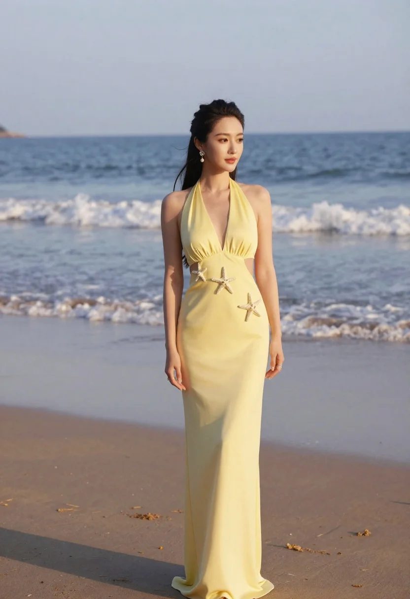 Woman Stands Sandy Beach With The Ocean Behind Her During
