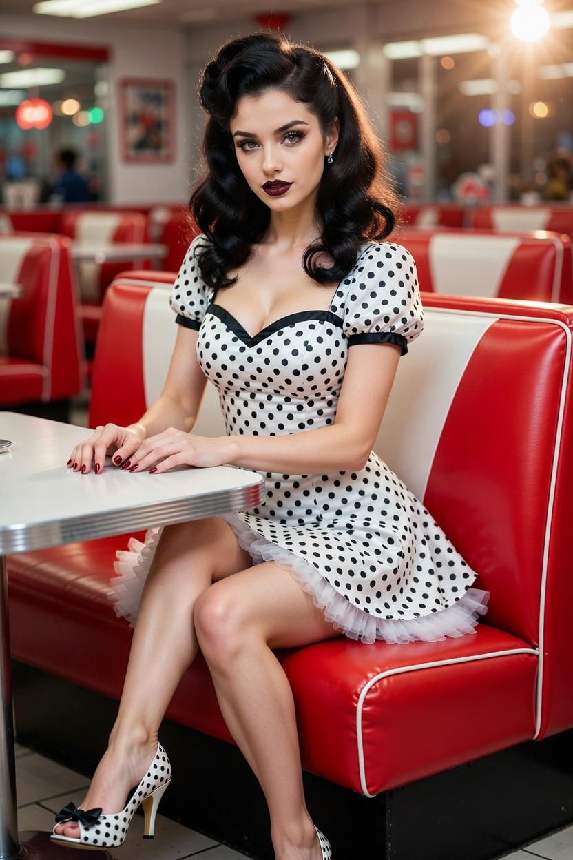 A vintage inspired pin-up girl in a white polka dot dress with black trim at a colorful 1950s diner.