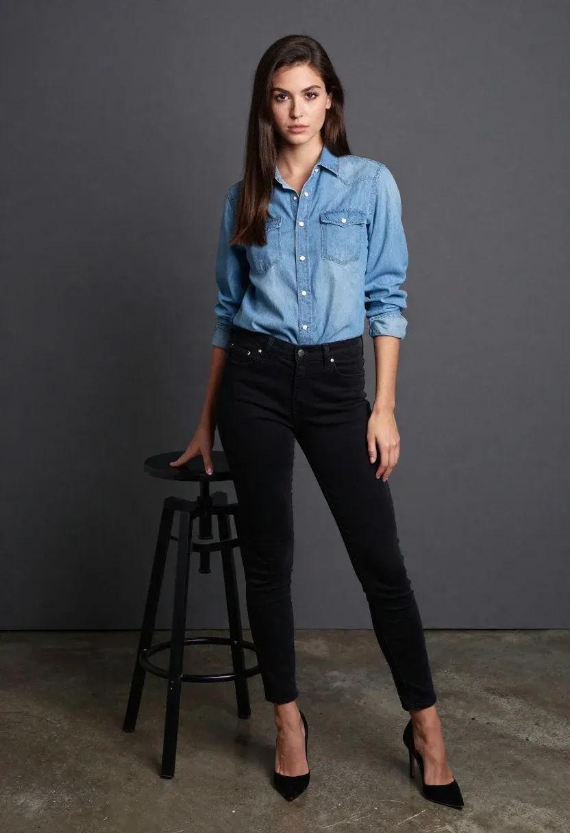 Full-body Studio Portrait Young Woman With Long Straight Brown Hair