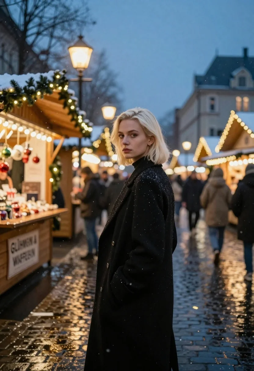 Young Woman With Platinum Blonde Hair Stands The Foreground Bustling