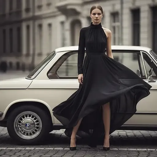 High-fashion Editorial Photography Tall Model Standing Confidently Front Vintage Bmw