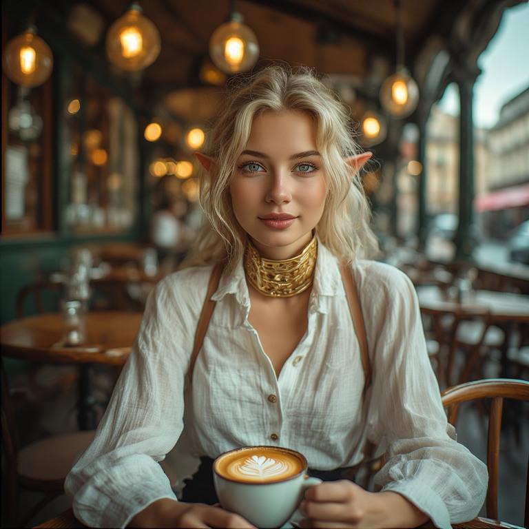 Elf Woman Leans Over Espresso Bordeaux Street Lamps