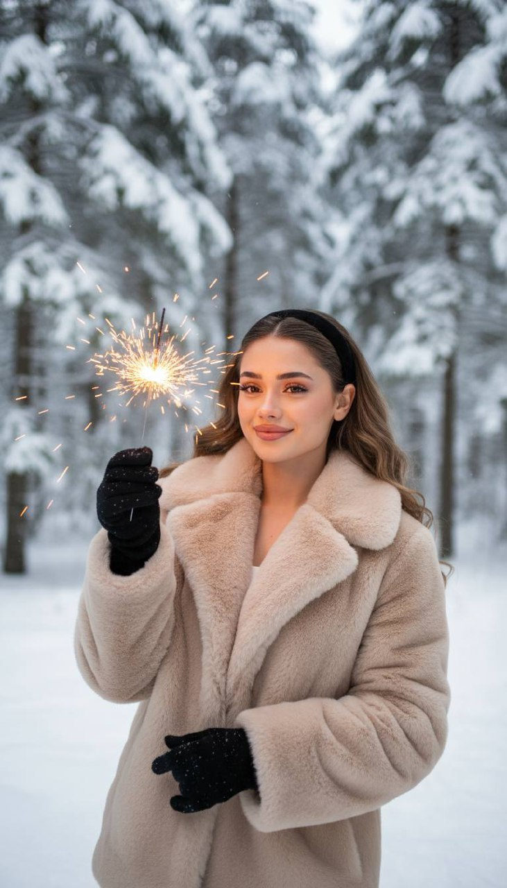 A woman in a fluffy beige coat holding a sparkler, surrounded by a snowy forest, with warm sparks illuminating her face.