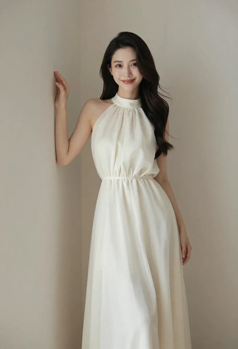 Woman With Long Dark Hair Stands Against Plain Wall Wearing