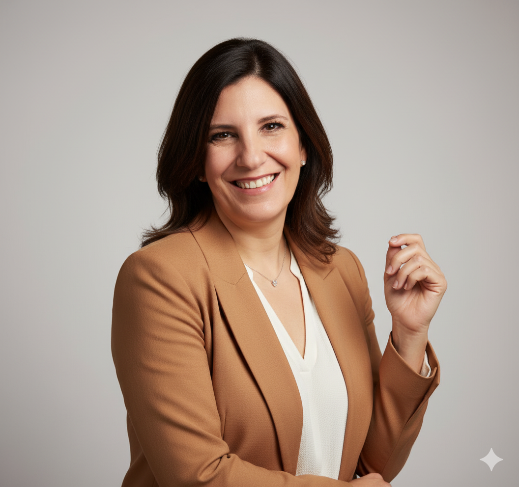 Retrato de mulher de negócios em estúdio, vestindo blazer marrom claro, com expressão confiante, fundo cinza suave.