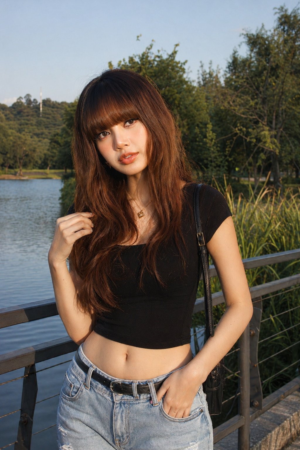 Golden Hour Lake Portrait Metal Railing Pose