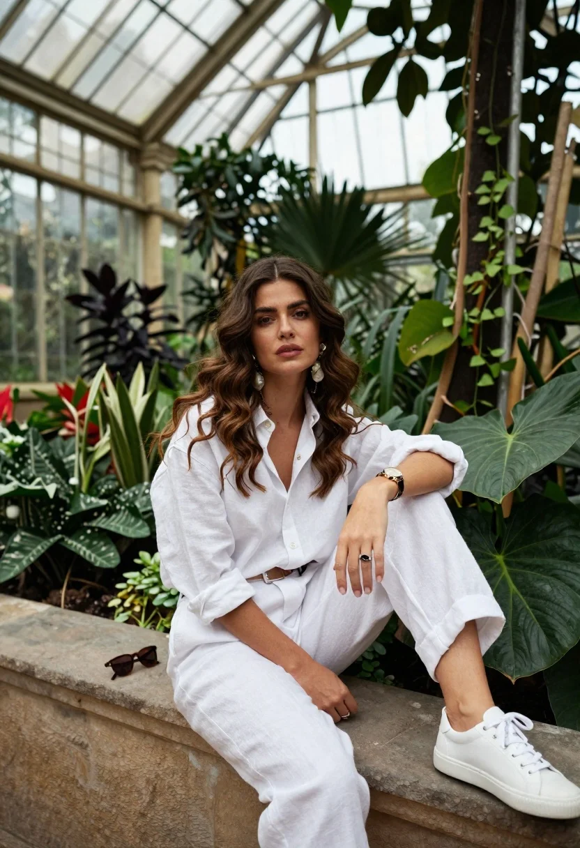 Woman With Long Wavy Brown Hair Sits Casually Stone Ledge