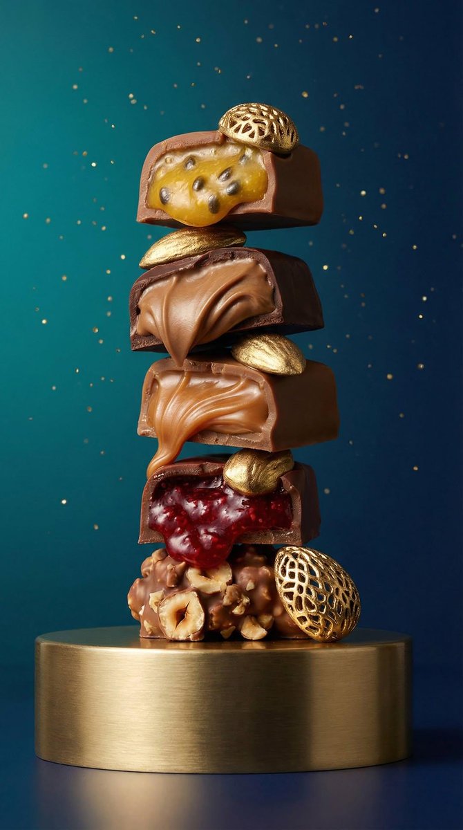 Staggered vertical tower of assorted pralines with hazelnut chunks, raspberry gel, salted caramel, coffee ganache, and passionfruit filling on a brushed gold stand.