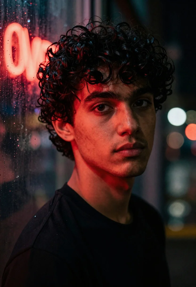 Close-up Portrait Young Man With Dark Curly Hair Gazing Directly