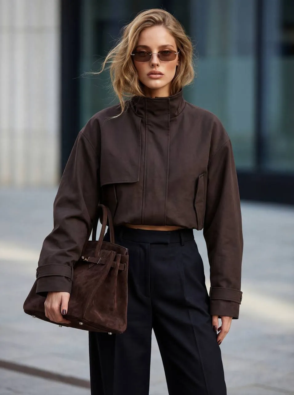 Sunglasses And Makeup In Brown Trench Coat