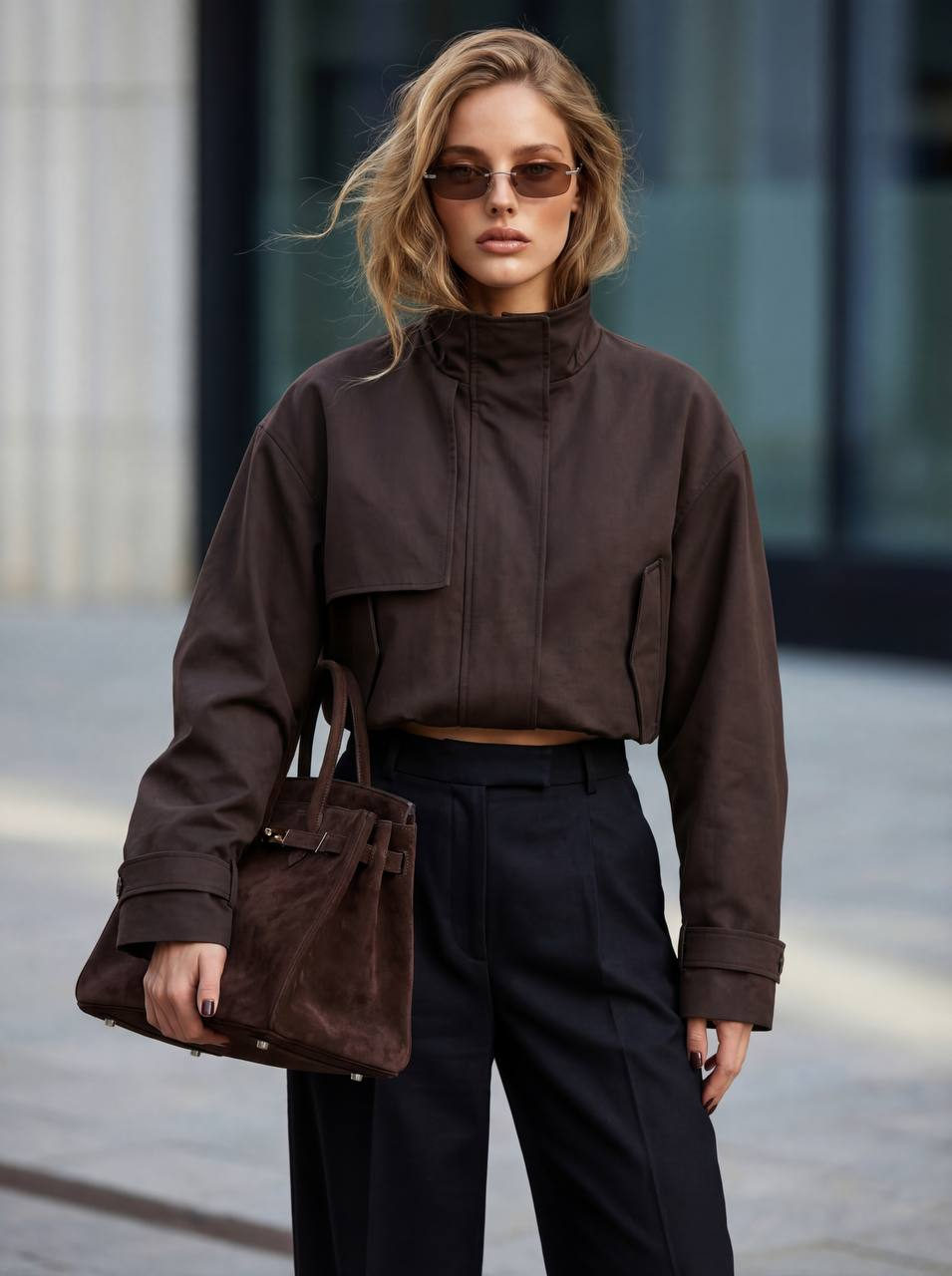 A chic woman in a dark brown trench sits confidently, holding a luxurious suede bag.