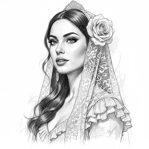 Realistic Black And White Sketch Beautiful Spanish Woman White Background