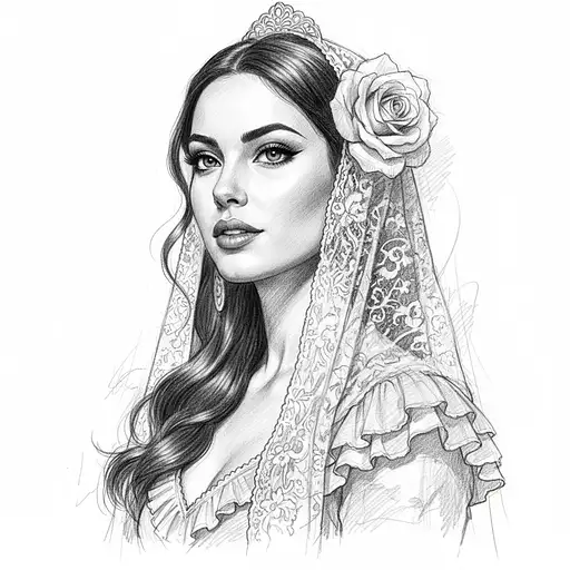 Realistic Black And White Sketch Beautiful Spanish Woman White Background