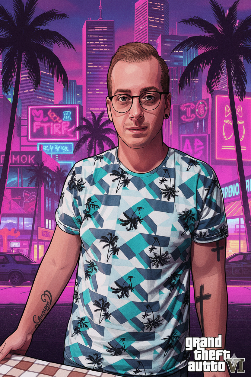 AI-generated GTA 6 cover art in vibrant pink and purple with palm trees and urban elements.