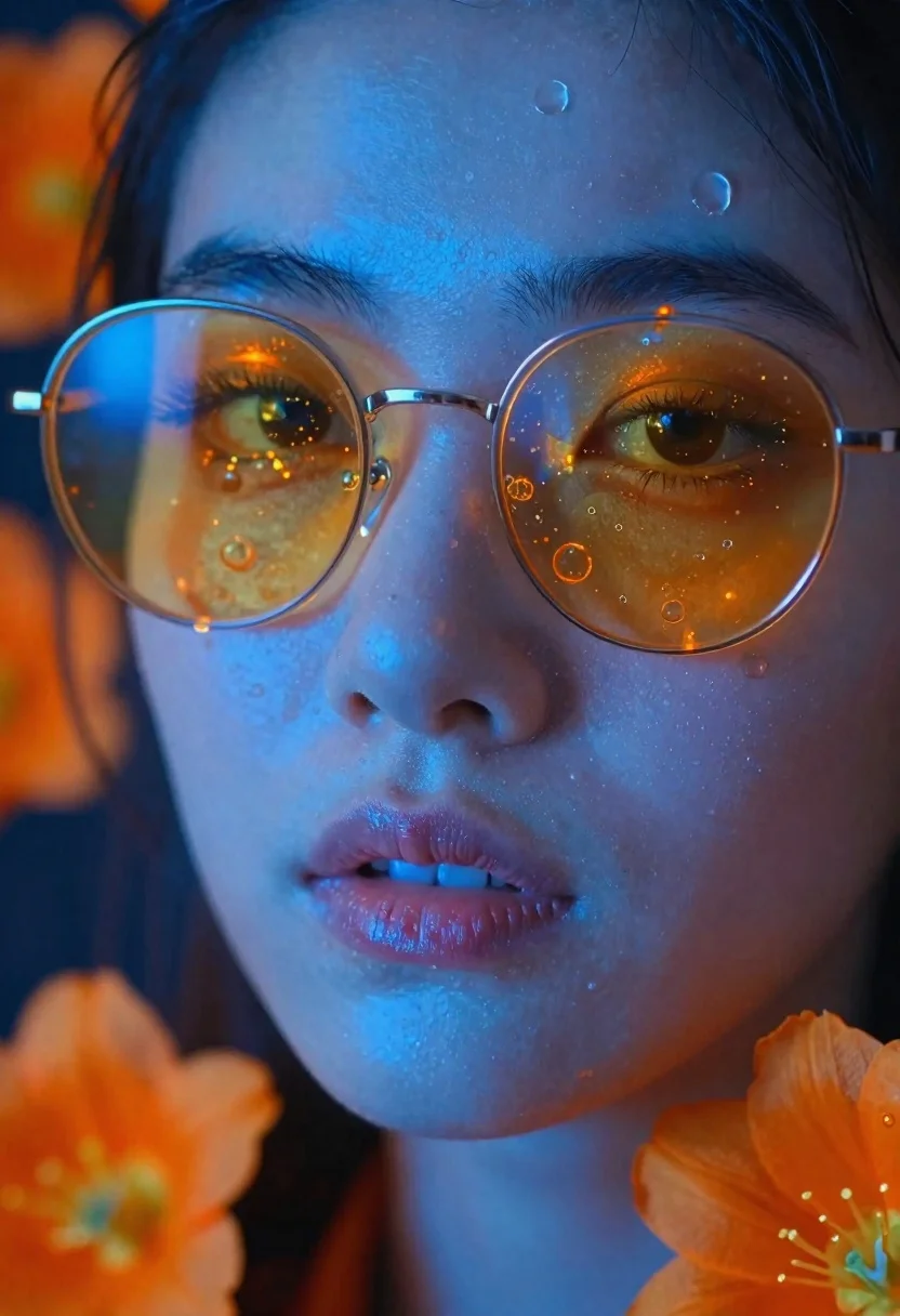 Close-up Portrait Person With Large Round Sunglasses Filled With Glowing reference photo