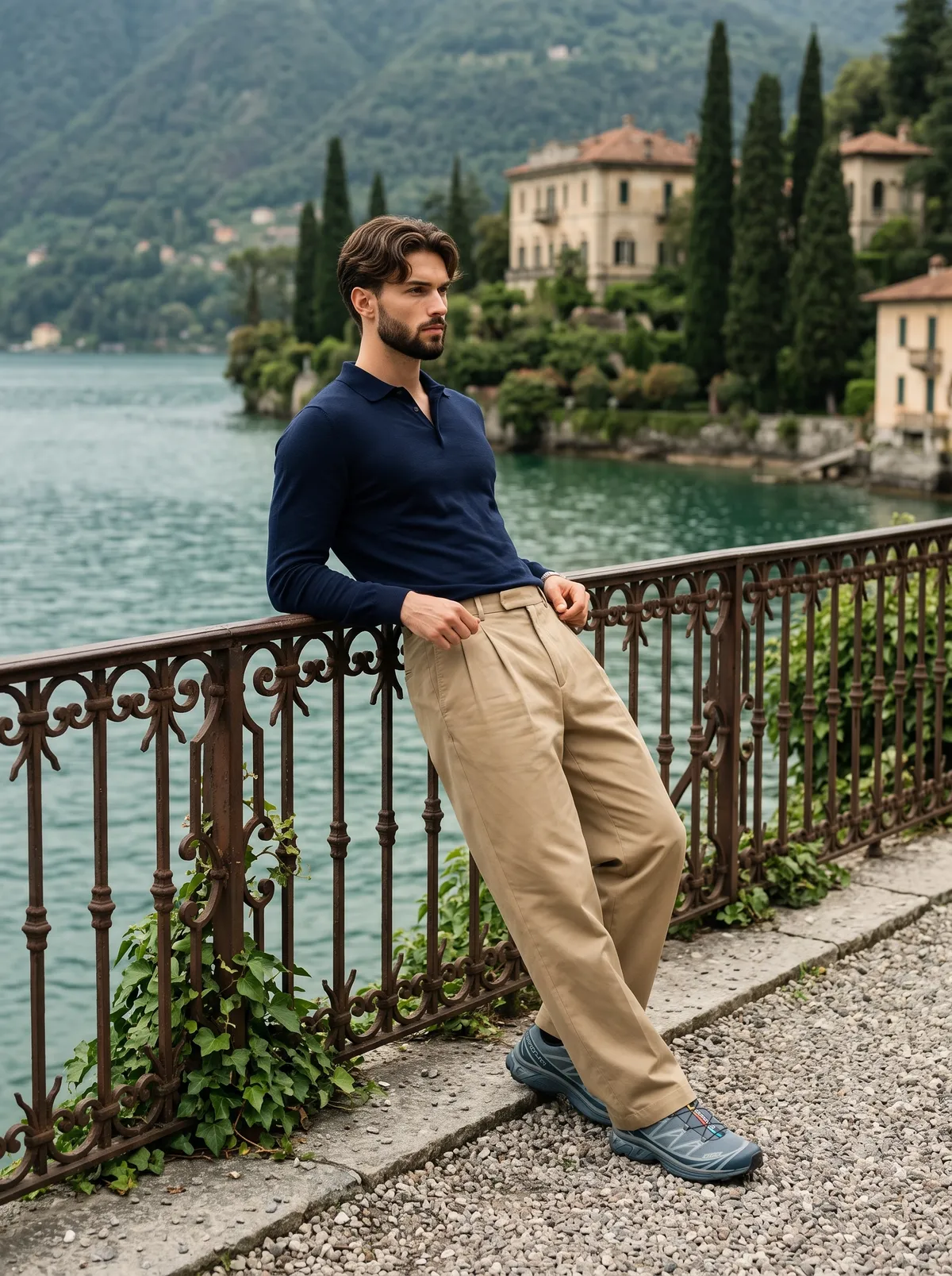 Navy Polo Khaki Trousers Leaning On Structure