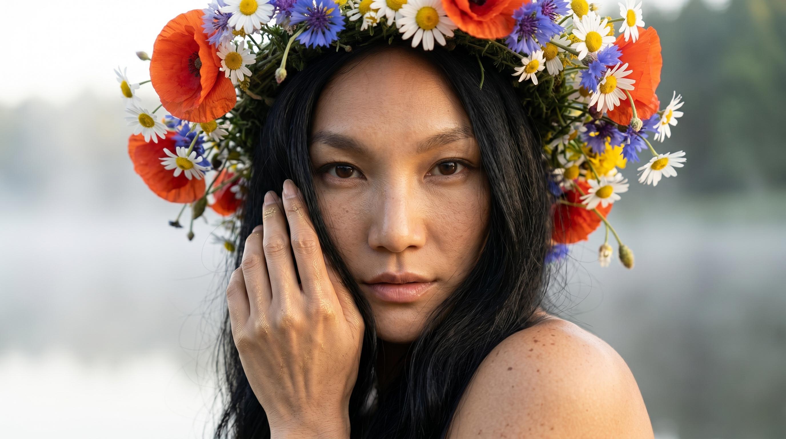 Floral Crown Portrait Soft Morning Light Water