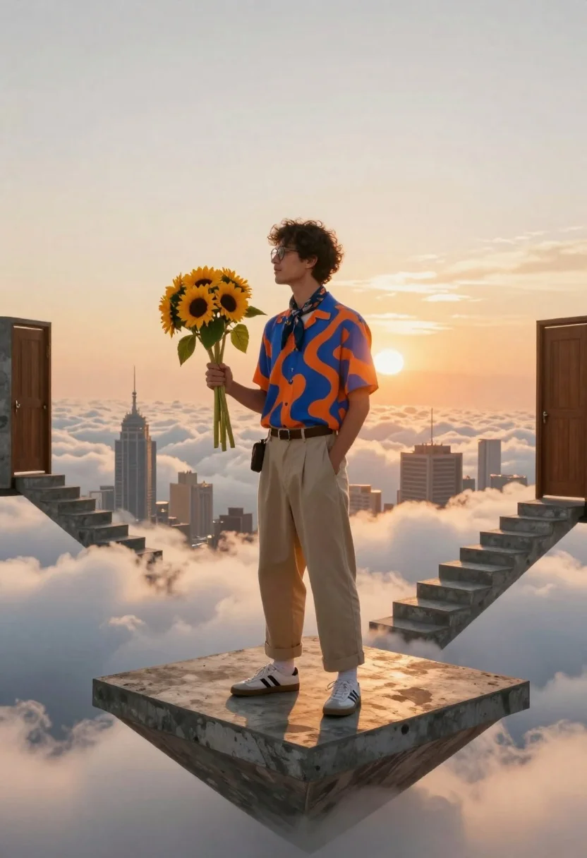 Surreal Portrait Young Man Standing Floating Concrete Platform Suspended Above