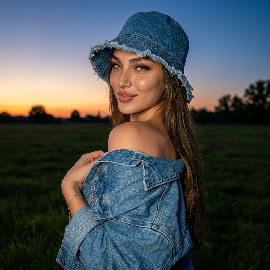 Denim Jacket Sunset Field Portrait Soft Smile