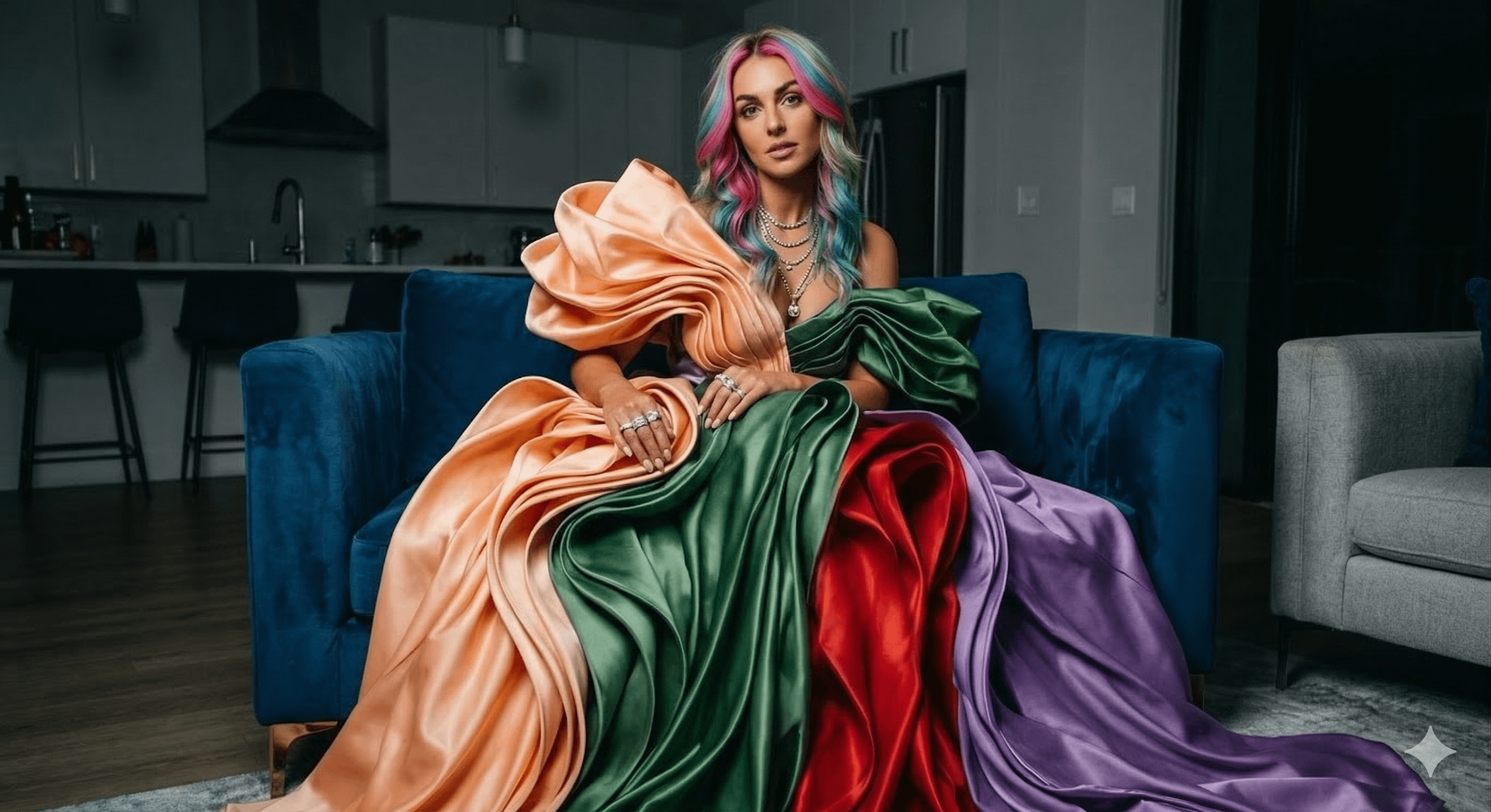Multi Colored Satin Gown Velvet Armchair Modern Living