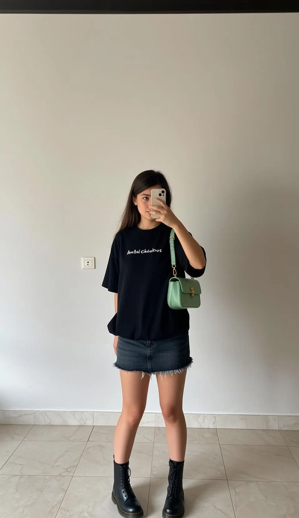 White T Shirt and Mini Skirt Mirror Selfie on Interior