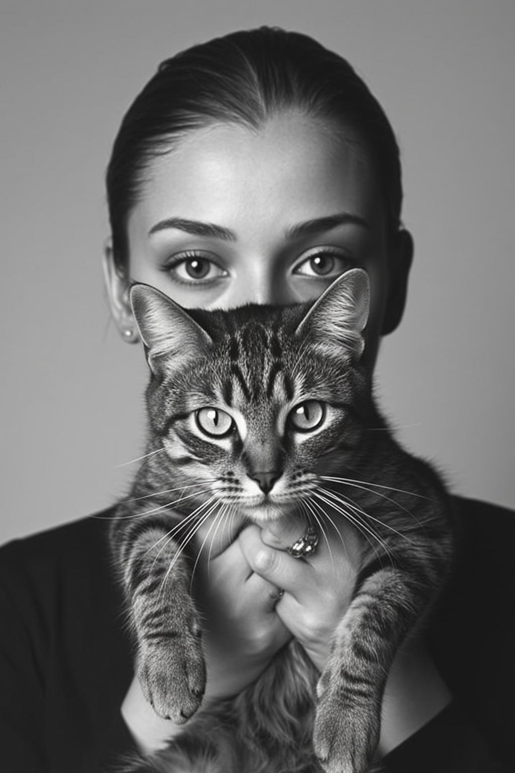 Black And White Medium Shot Portrait Young Woman Holding Tabby