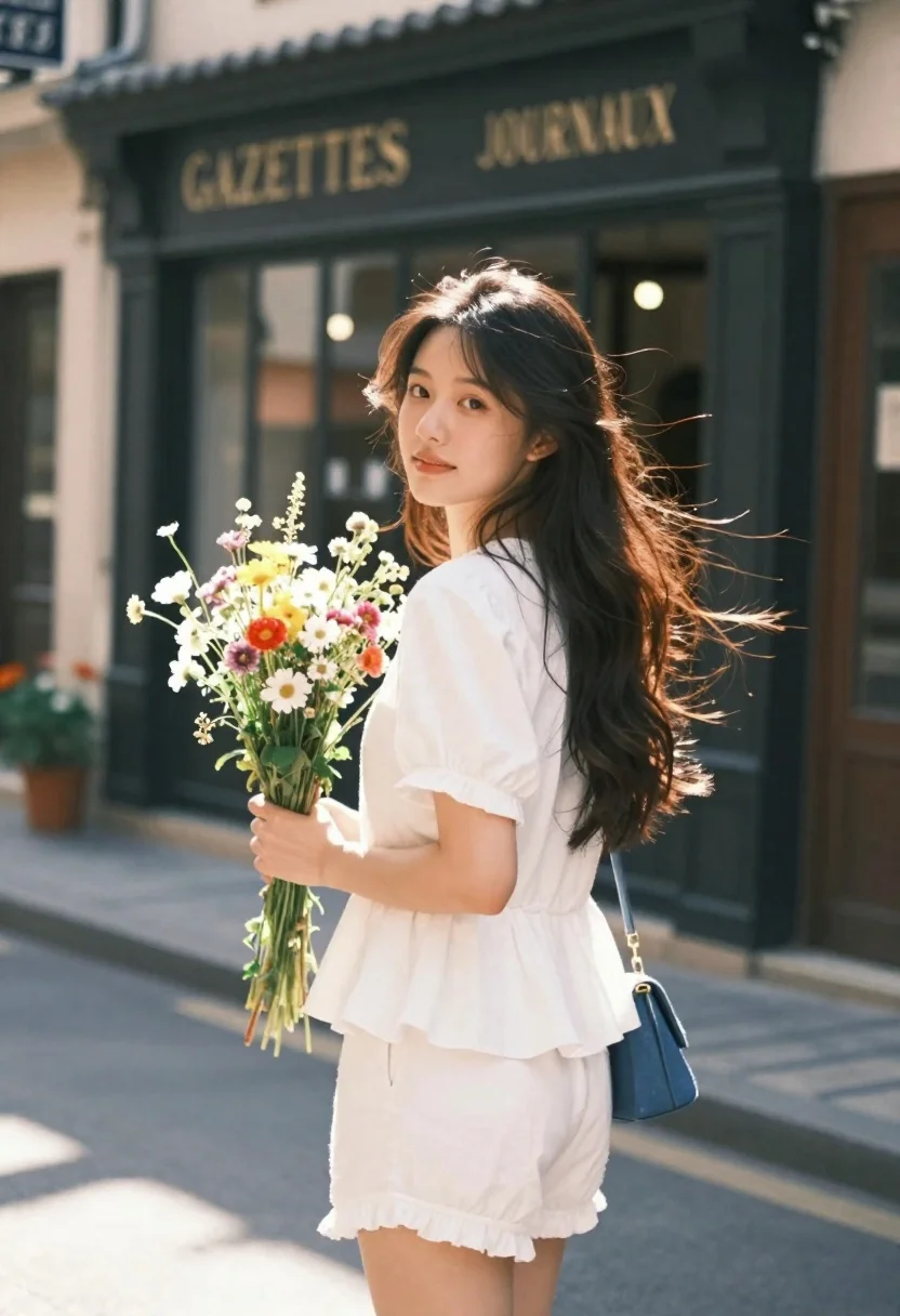 A young woman with long dark hair stands in a sunlit street, holding a bouquet of wildflowers, looking back with a soft smile.