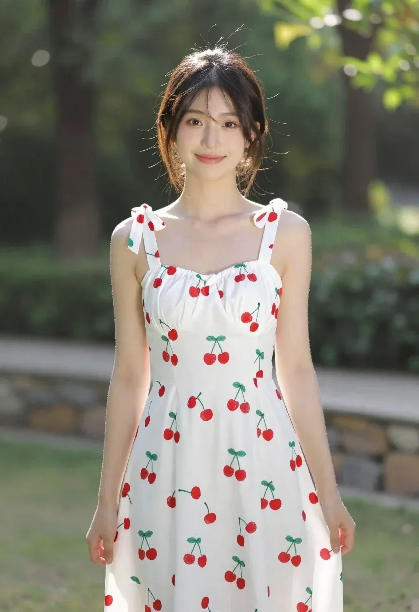 Young Woman Stands Smiling Gently The Camera Sunlit Outdoor Garden