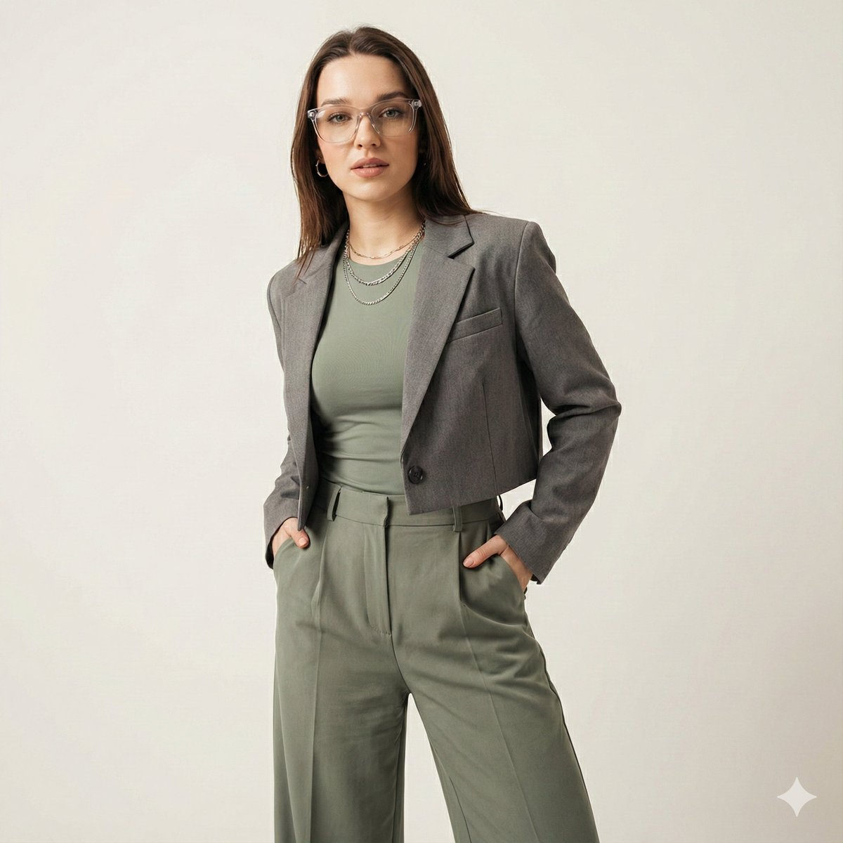 A stylish young woman posing effortlessly in modern streetwear, radiating Gen-Z confidence against a minimal soft grey backdrop.