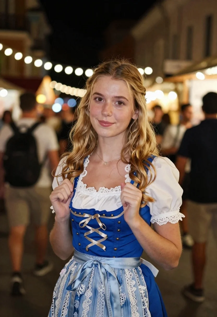 Young Woman With Long Wavy Blonde Hair Stands Crowded Outdoor reference photo
