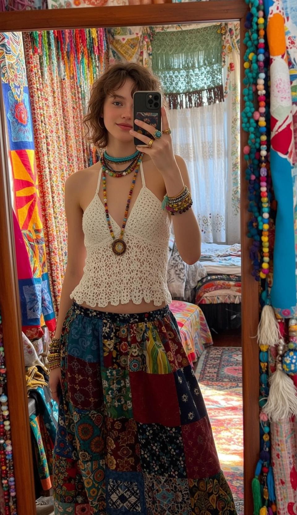 Bohemian Bedroom Mirror Selfie White Crochet Top