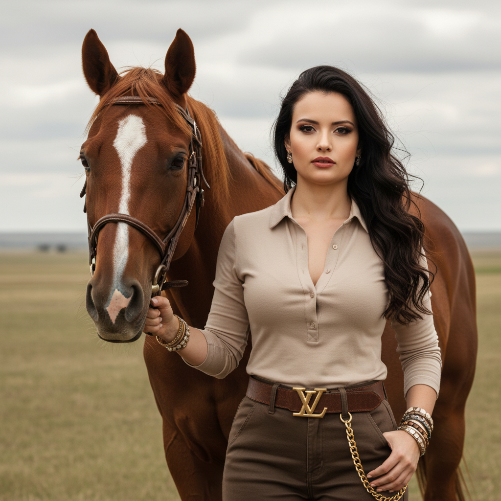A confident female figure standing next to a brown horse in an open field, wearing a beige shirt and earthy pants, with soft natural lighting.