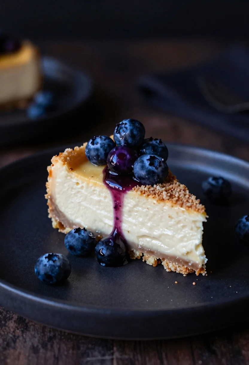 Slice Decadent Cheesecake Matte Dark Plate Subject Thick Square Piece reference photo