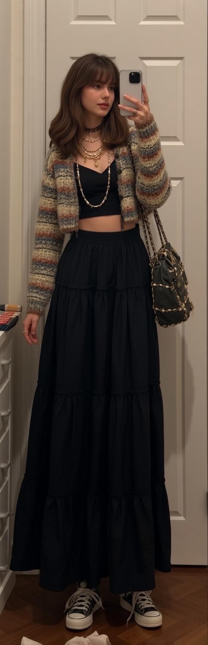 Striped Cardigan Holding Phone Indoors